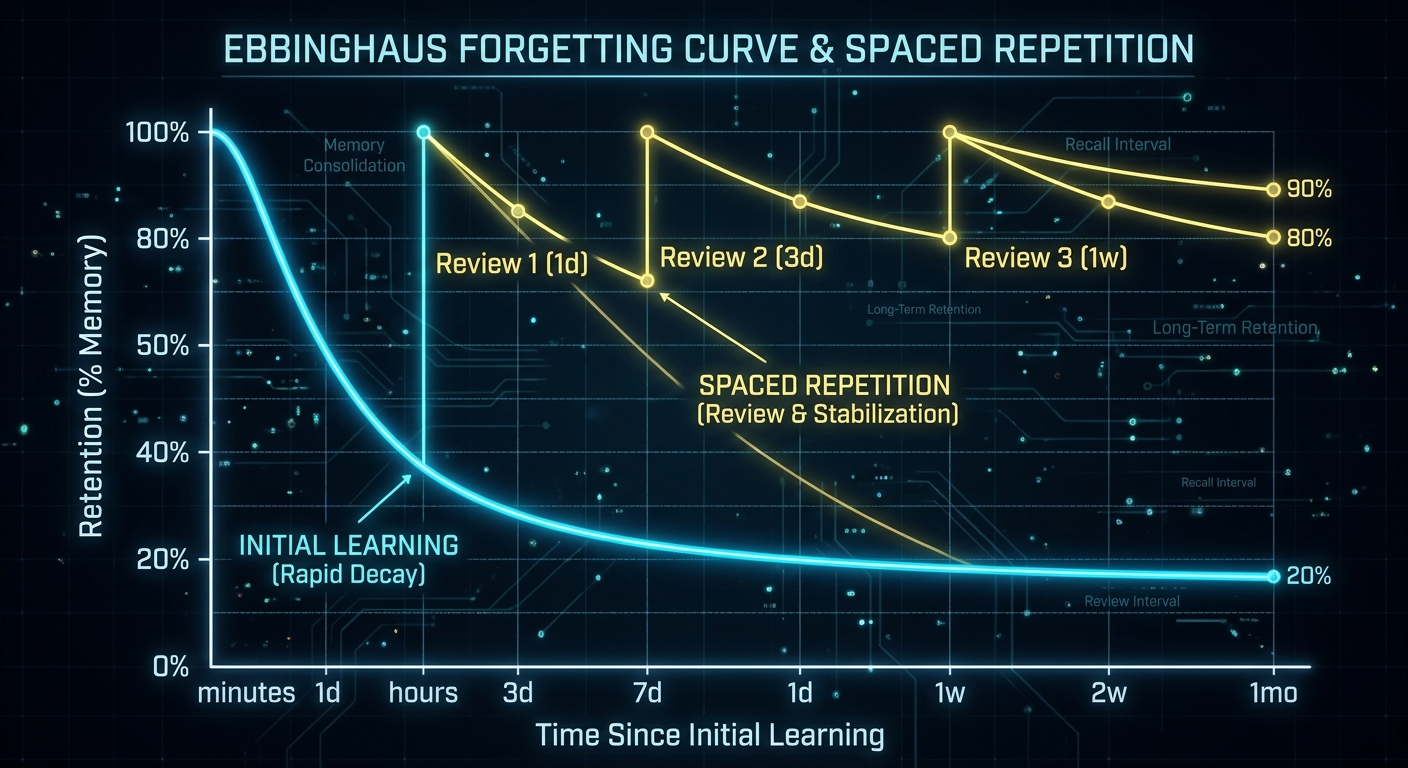 Ebbinghaus Forgetting Curve Diagram - Memory Decay vs Spaced Reviews